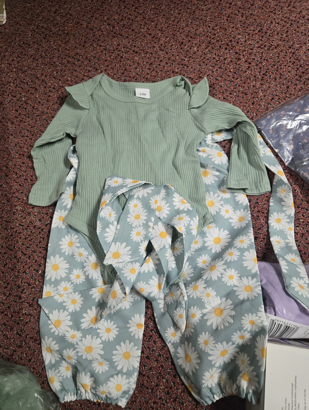 Green Ribbed Baby Bodysuit with Daisy Romper Set